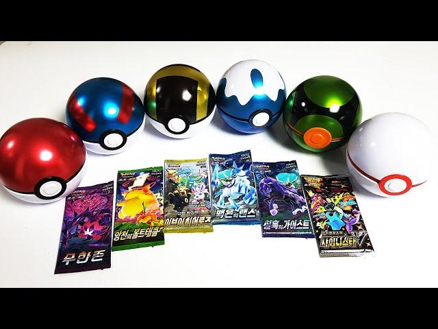 Opening a Pokemon card booster pack inside 6 types of Pokemon Pokeballs