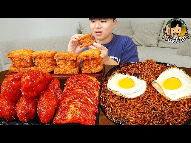 ASMR MUKBANG | Fried Chicken, fried egg, black bean noodles, kimchi Korean Food recipe ! eating