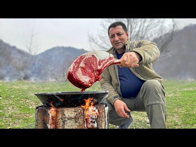 Juicy Steak Cooked on a Finnish Candle! Wild Cuisine in the Mountains of Azerbaijan