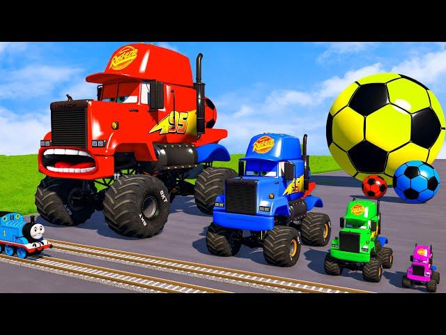 4 MONSTER TRUCKS vs Big & Small Long Mack Truck with Ball vs Train Thomas - BeamNG.Drive