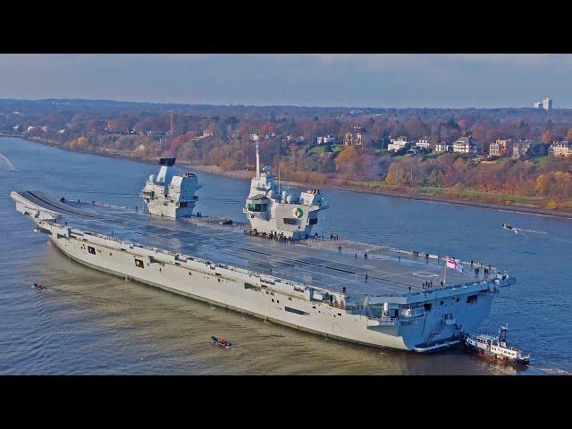 AIRCRAFT CARRIER HMS QUEEN ELIZABETH DEPART THE PORT OF HAMBURG - 4K SHIPSPOTTING NOVEMBER 2024