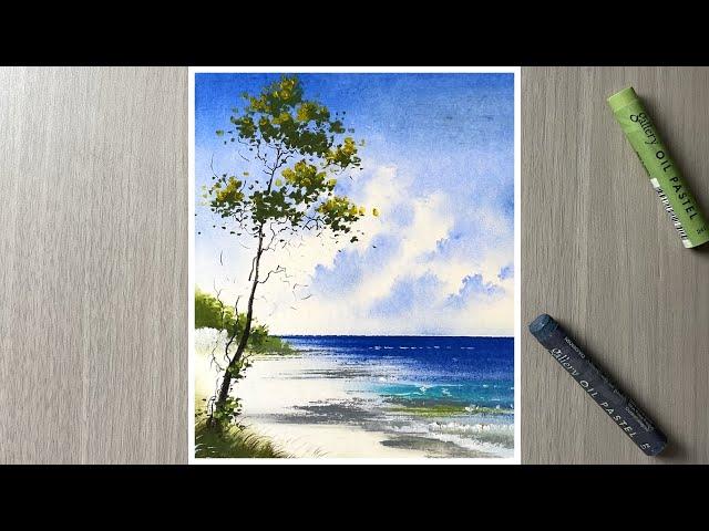 seascape - how to draw with oil pastel