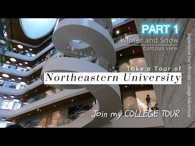 Campus Tour Northeastern University Boston MA in cold snow day, campus building walling tour