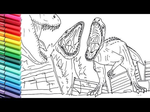 Drawing and Coloring Indominus Rex VS Mosasaur VS T Rex - Draw Jurassic World Dinosaurs Battle