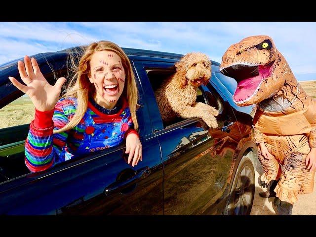 T-rex Surprises Chucky & Puppy With Car Ride Chase! Game of Tag