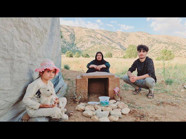 Construction of shelter by nomadic grandmother and operator for little puppy