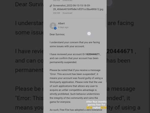 after 4 months garena free fire  replied my id will be unban or permanently suspended
