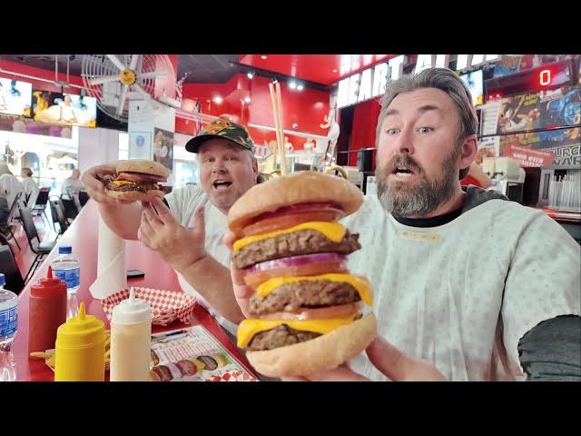 The Infamous Heart Attack Grill Las Vegas - Eating Triple Bypass Burger / Fremont Street Experience