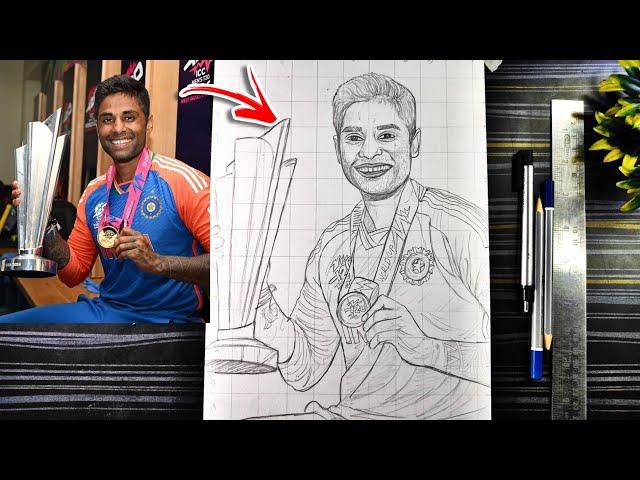 Surya Kumar Yadav drawing with T20 Champions trophy, How to draw Surya Kumar Yadav,Outline Tutorial