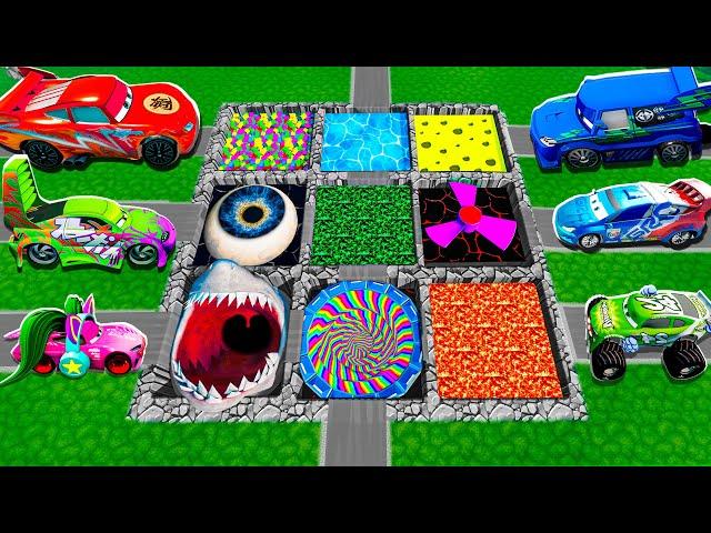 Giant Lava, Lego, Fan, Shark Pits Vs Huge & Tiny Lightning McQueen From PIXAR CARS! BeamNG Drive