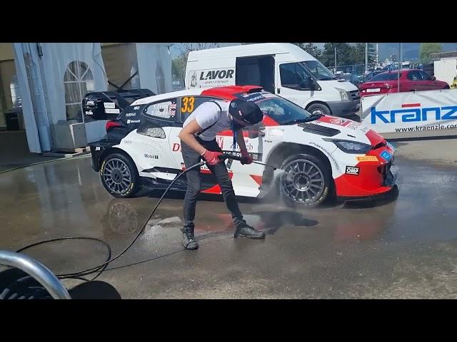 WRC Croatia Rally 2023 leader's Evans car gets proper wash after ss12 before Sat midday service