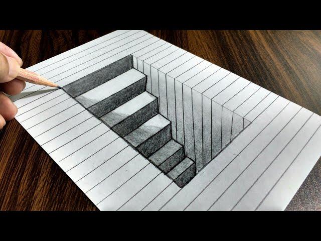 How to Draw 3D Steps in a Hole - Line Paper Trick Art