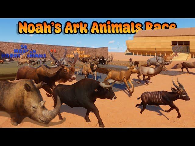 50 Modern VS 50 Ancient Horned Animals Race in Noah's Ark Planet Zoo included Cow, Buffalo, Deer