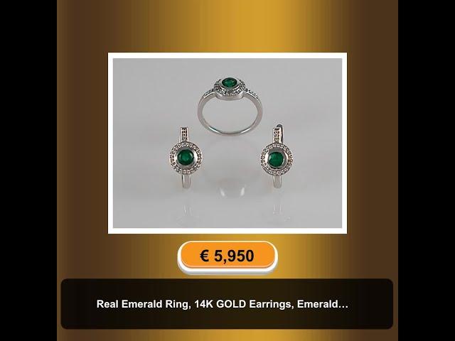 Real Emerald Ring, 14K GOLD Earrings, Emerald Jewelry SET, Elegant White Gold Round Cut Beautiful...