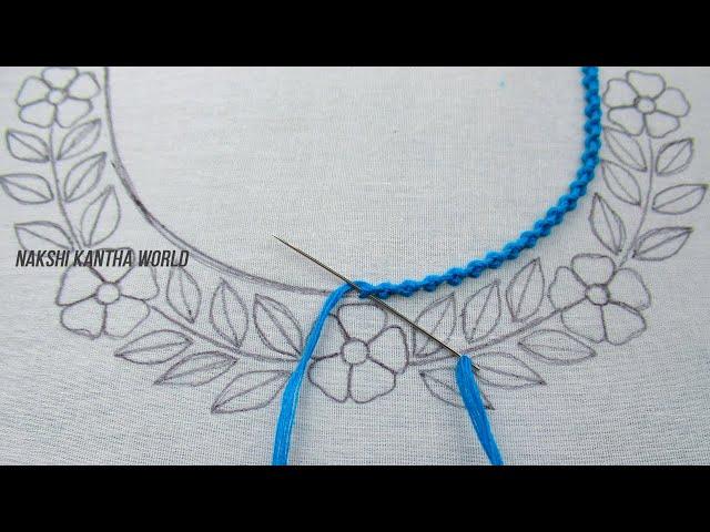 Wow! it's so cute floral neckline embroidery for kurti| New hand embroidery neck design tutorial