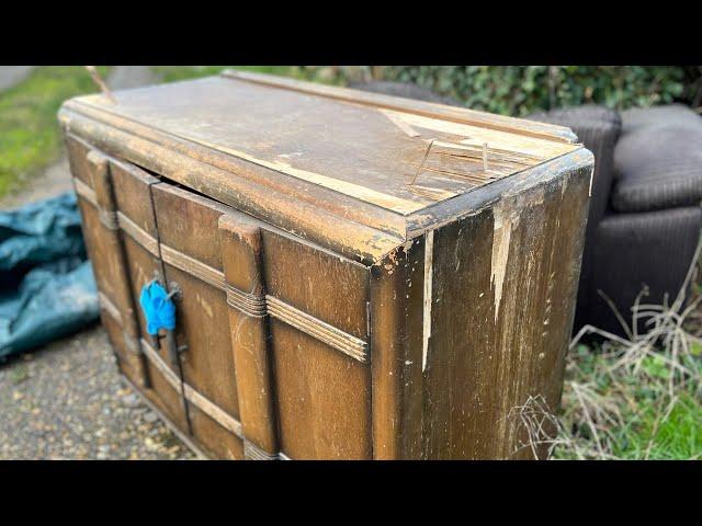 Old broken credenza RESTORATION. Peeling veneer and rotting wood. Refurbishing furniture.