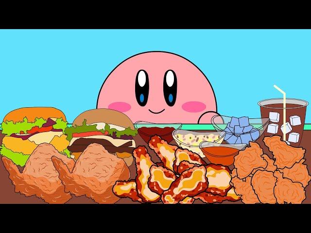 Kirby Animation - Eating Hot Cheese Fried Chicken & Cheese Hamburger Mukbang