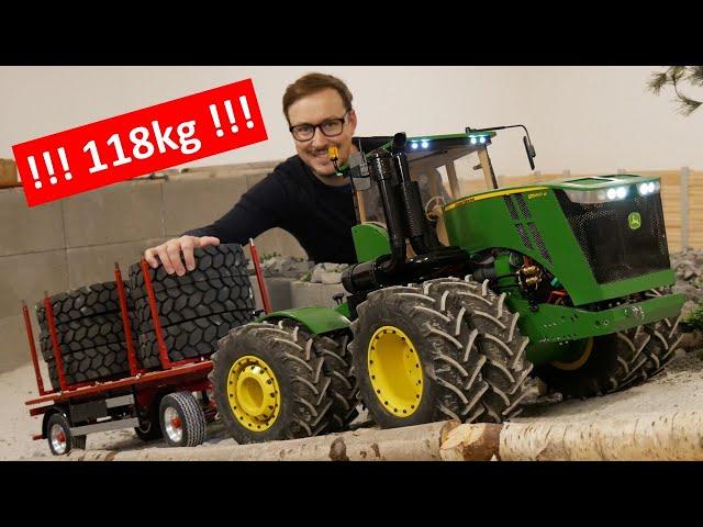  HUGE RC JOHN DEERE 9R TRACTOR 1/8th  WITH TURNTABLE TRAILER - SELFMADE RC CONSTRUCTION EQUIPMENT