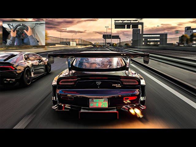 1500HP 4Rotor Turbo Mazda RX-7 & 2000HP Lamborghini Huracán- Assetto Corsa | Steering Wheel Gameplay