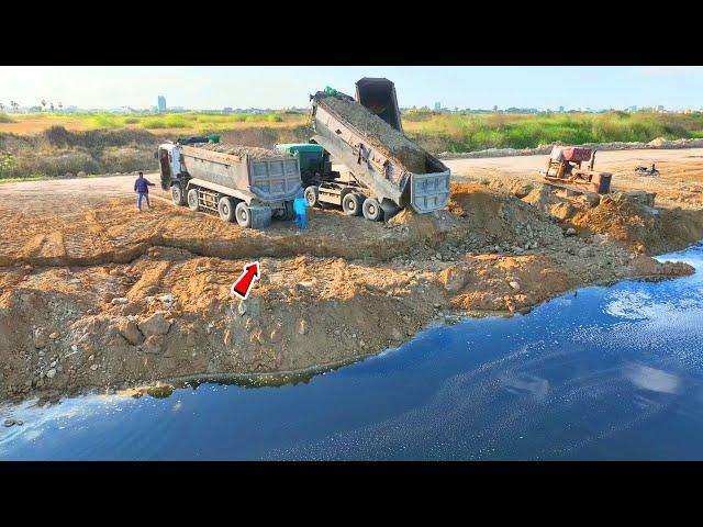 Best Action !! 25.5T Dump Trucks Waiting Soil With An Old Bulldozer Pushing Hard To Filling a Lake