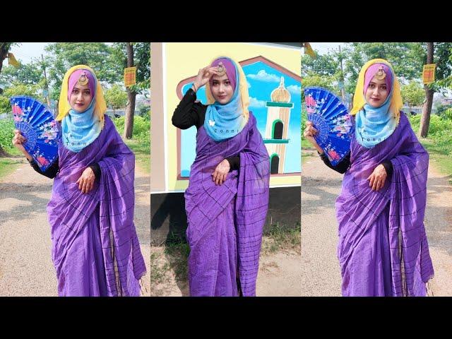 Four shaded hijab tutorial with saree & dangel pin||wedding special hijab tutorial