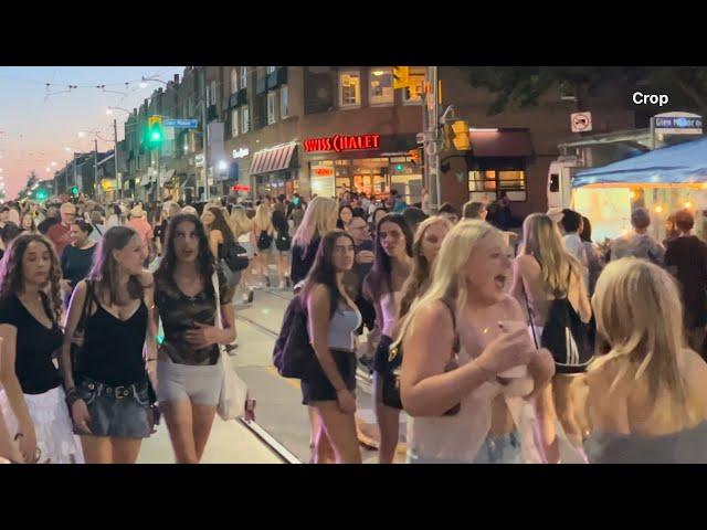 Massive Crowd Singing and Dancing to Queen Street East Downtown Toronto Night!​