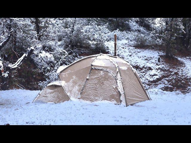 Solo Hot Tent Winter Camping in RAIN and SNOW Storm, Wood Stove | ASMR