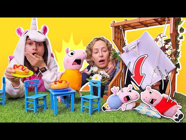 Einhorn Café - Peppa Wutz Spielzeug Video für Kinder mit Nicole. Hotdogs und der Schaukelunfall