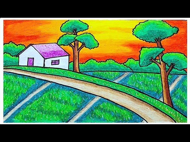 Easy Scenery Drawing | How To Draw Village Scenery With a Beautiful Garden Using Oil Pastels