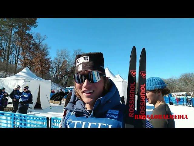 Interview with Gus Schumacher USA winner of 10K race at Cross Country World Cup, Minneapolis MN USA