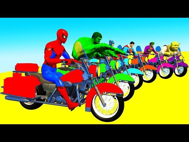 Kid Color LEARN FUN Spiderman Cartoon on Motor Bikes Police Cars Chasing And Avengers for Children