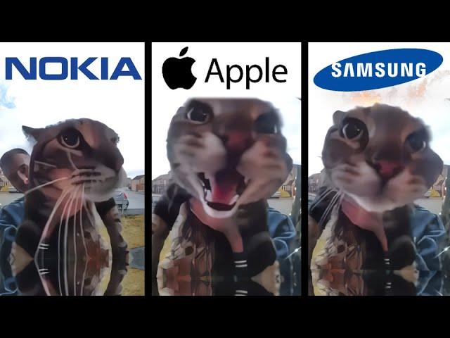 Cat Meows into door camera meme but famous phone ringtones