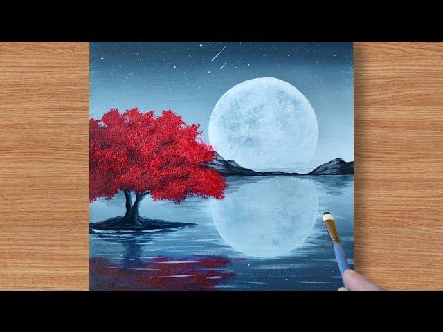 Red Tree | Black & White Painting | Full Moon Acrylic Painting for Beginners