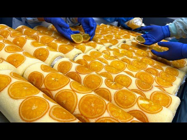 Amazing Japanese Cake Factory! Orange roll cake mass production process