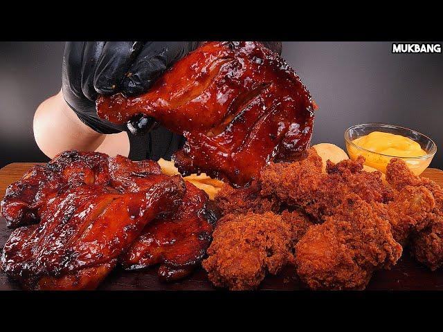 ASMR MUKBANG | BBQ Chicken & Hot Fried Chicken Eating 자메이카 통다리구이 핫후라이드 치킨 치즈볼 감자튀김 소스 듬뿍! 먹방