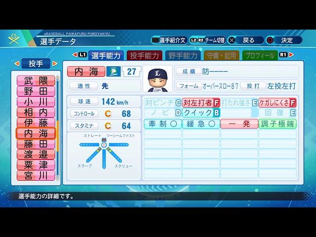 【パワプロ2020選手名鑑】西武 27 内海哲也投手[京都府 牡牛座 A型 敦賀気比-東京ガス-巨人]