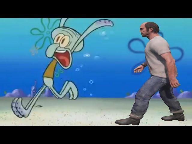 Squidward runs away from Trevor Philips