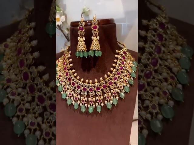 22k Gold Plated Red & Green Combination Necklace With Matching Earing  Latest Designs