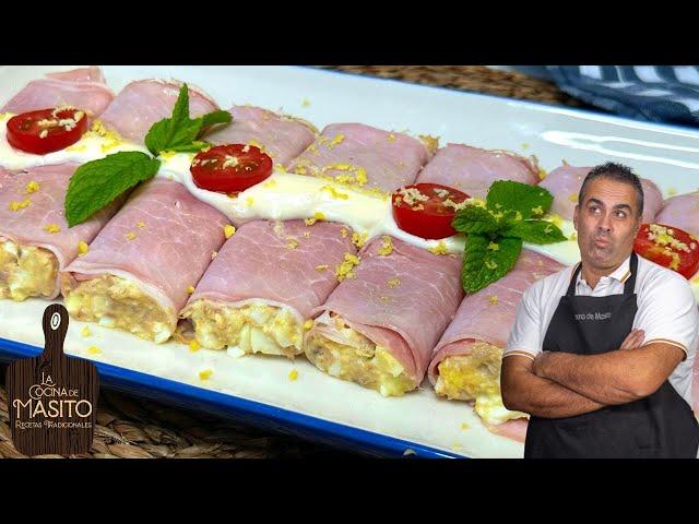 Canelones de jamón cocido con huevo y atún . LISTOS EN POCO TIEMPO