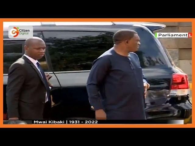 National Assembly speaker Justin Muturi arrives in parliament to view President Kibaki’s body