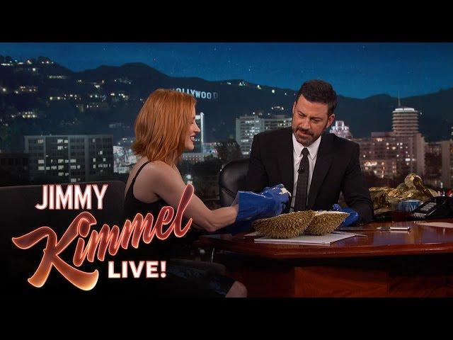 Jessica Chastain and Jimmy Kimmel Eat the "Bleu Cheese of Fruit"