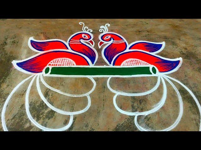 New year muggulu 2025Beautiful peacock rangoli designsNew year rangoli kolamSuper Color Rangoli