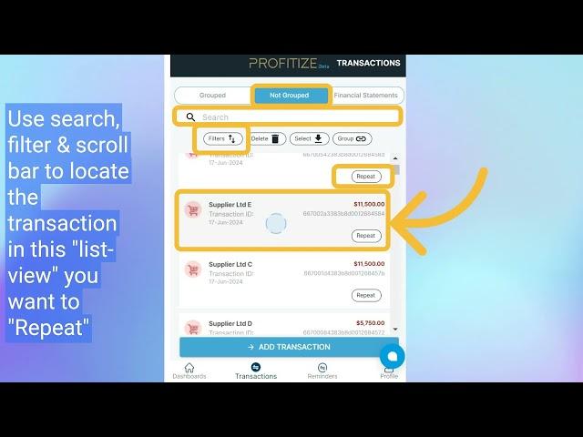 How to use  Repeat  button to quickly enter transactions in PROFITIZE