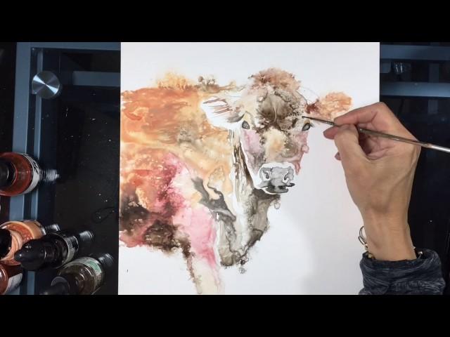 Speed-painting of a Jersey Cow - farm animal art, yupo paper ink painting