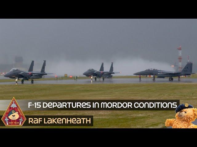 DO THEY FLY IN RAIN? F-15E STRIKE EAGLES TAKE OFF IN MORDOR LIKE RUNWAY CONDITIONS • RAF LAKENHEATH