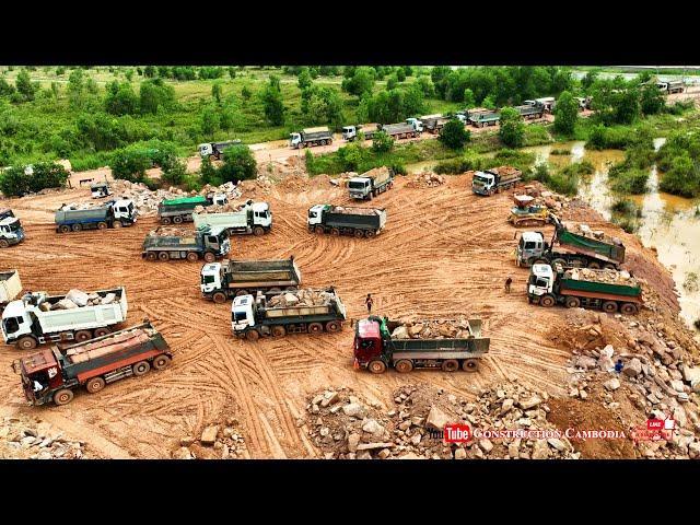 Amazing Huge Landfill Process Hyundai​​ 25t Trucks Unloading Rocks & Dozer Push Rocks Roll in Water