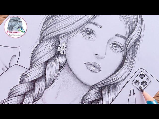 How to draw A girl with Double Braided Hairstyle and iPhone || Pencil Sketch for beginners