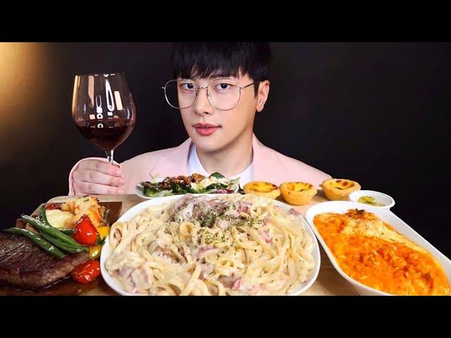 If I ever went on a blind date... Pretend blind date Mukbang  Cream Pasta, Steak, Risotto