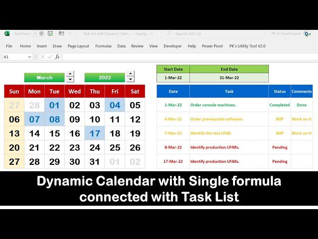 Dynamic Calendar with Single formula connected with Task List || No VBA Used