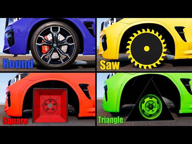 Round Wheel vs Saw Wheel vs Square Wheel vs Triangle Wheel #2 - Beamng drive